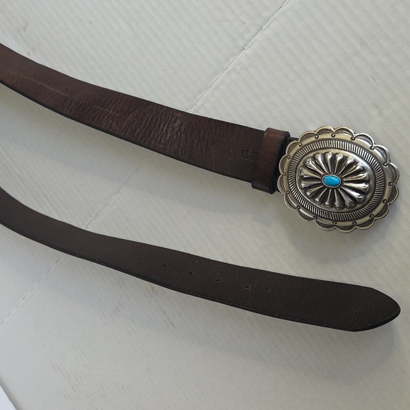 Ralph Lauren Brown Leather Belt with Silver and Turquoise Buckle - Picture 10 of 12